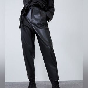 Zara high waisted pleated faux leather tapered leg pants size small